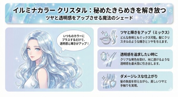 イルミナカラー クリスタルの特徴を解説する図解。ツヤと透明感をアップさせる魔法のシェードを紹介しています。左側にはクリスタルのような輝きを放つ透き通った髪の女性イラスト、右側には「どんな色味ともミックス可能で輝きを与える」「光に透ける透明感を最大限に引き出す」「髪の負担を抑えるダメージレスな仕上がり」という3つのメリットがまとめられています。