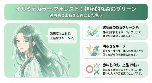 イルミナカラー「フォレスト」の特徴を解説する図解。神秘的な森をイメージしたグリーンの髪色の女性イラストと共に、3つのメリットを紹介。1.クリアで軽やかな透明感のあるグリーン系、2.暗くなりすぎず柔らかな明るさをキープできる発色、3.気になる髪の赤味をしっかり消して上品で落ち着いた大人の雰囲気を演出する効果をまとめています。