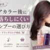 美容師が解説する「ヘアカラー後に色落ちしにくいシャンプーの選び方」のアイキャッチ画像。美しい髪色の女性の横顔とともに、&honey、FIOLE、Je l'aime、YOLUといった市販・ドラッグストアで購入可能なシャンプーのボトルが並んでいます。色落ちを防ぐ洗浄成分や長持ちさせるポイントを美容師の視点からわかりやすく紹介するブログ記事向けの図解デザインです。