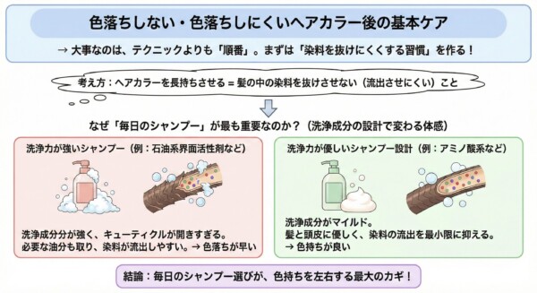 ヘアカラーが髪を染める仕組みを解説する図解。黒髪からメラニン色素を削って「脱色（ブリーチ方向）」し髪の土台を明るくする工程と、髪の中で色を出す「発色（染料）」の2段階をイラストで示しています。「色落ちは自然現象」としつつも、毎日のケアで「落ちるスピード」は変えられるという重要メッセージを記述。