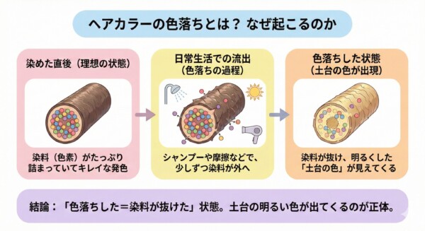 ヘアカラーの色落ちが起こる仕組みを解説する図解画像。左から「染めた直後：染料がたっぷり詰まった状態」、「日常生活での流出：シャンプーや摩擦、日光、ドライヤーで染料が外へ漏れ出す過程」、「色落ちした状態：染料が抜け、明るくした土台の色が見えてくる状態」の3段階を髪の断面イラストで示しています。