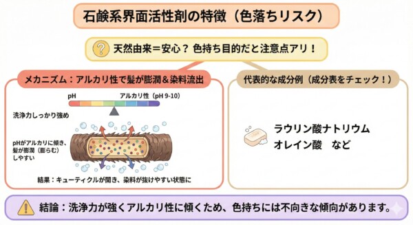石鹸系界面活性剤のヘアカラーへの影響を解説する図解。「天然由来＝安心」と思われがちだが、色持ちの視点では注意が必要と指摘。石鹸系はアルカリ性（pH 9-10）のため髪を膨潤させ、キューティクルが開くことで染料が抜けやすくなるメカニズムをイラストで説明しています。代表的な成分例としてラウリン酸ナトリウムやオレイン酸を挙げ、洗浄力が強く色持ちには不向きと結論づけています。