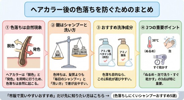 ヘアカラー後の色落ち対策を総括する図解。1.「色落ちは自然現象」として脱色と発色の仕組みを再認。2.「鍵はシャンプーと洗い方」とし、髪質よりも毎日のケアが重要であると天秤のイラストで強調。3.おすすめ洗浄成分として「アミノ酸ベタイン系（両性）」と「アミノ酸系」の2系統を提示。4.3つの重要ポイントとして「38度のぬるま湯」「泡で洗う」「すぐ乾かす」をまとめ、市販のおすすめ紹介記事への導線を案内しています。