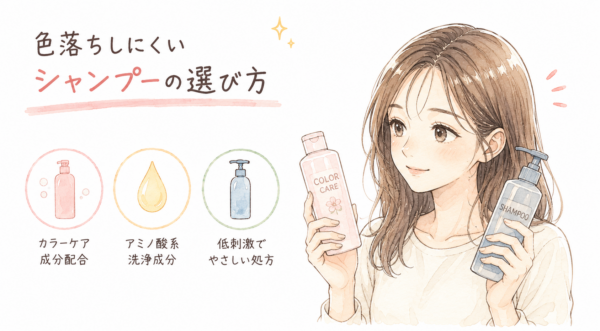 「色落ちしにくいシャンプーの選び方」の図解画像。2種類のシャンプーボトルを手に持ち、笑顔で比較している女性を中心に配置しています。左側には選ぶポイントとして、「カラーケア成分配合」「アミノ酸系洗浄成分」「低刺激でやさしい処方」を示す3つのアイコンを描き、ヘアカラーを長持ちさせるための具体的な選び方を視覚的に説明しています。