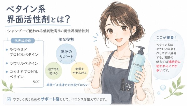 「ベタイン系界面活性剤とは？」を解説した図解画像です。シャンプーを持つ女性美容師のイラストと共に、低刺激な両性界面活性剤の働きを紹介。コカミドプロピルベタインなどの成分例や、「洗浄のサポート・泡立ちを助ける・刺激をやわらげる」という3つの役割を図示し、実際のシャンプー処方では単独ではなく「補助的なサポート役」として使われる点も解説しています。
