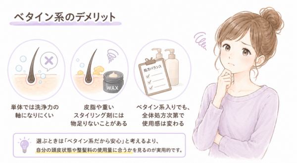 「ベタイン系のデメリット」を解説した図解画像です。悩む表情の女性のイラストとともに、3つの注意点を提示しています。具体的には、「単体では洗浄力の軸になりにくい」「皮脂や重いスタイリング剤には物足りない」「全体処方次第で使用感が変わる」という点を挙げ、頭皮状態や整髪料に合ったシャンプーを選ぶ実用性を説いています。