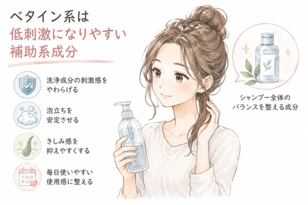 「ベタイン系は低刺激になりやすい補助系成分」と解説する図解画像です。シャンプーボトルを持ち、笑顔で髪に触れる女性のイラストとともに、ベタイン系の4つの効果（洗浄成分の刺激感をやわらげる、泡立ちの安定、きしみ感の抑制、毎日使いやすい使用感への調整）を紹介し、シャンプー全体のバランスを整える役割があることを説明しています。