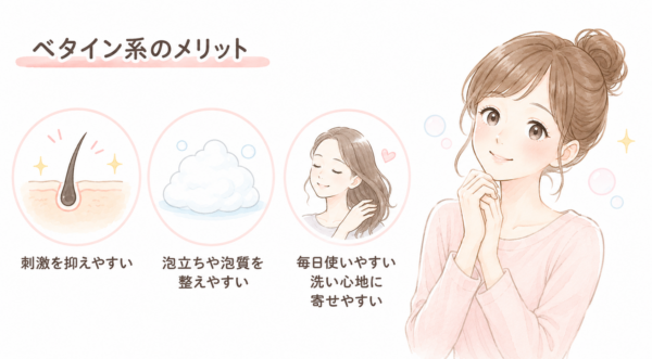 「ベタイン系のメリット」を解説した図解画像です。笑顔で喜ぶ女性のイラストとともに、ベタイン系洗浄成分の3つの長所を紹介しています。具体的には、「刺激を抑えやすい」「泡立ちや泡質を整えやすい」「毎日使いやすい洗い心地に寄せやすい」というメリットを、頭皮、泡、髪に触れる女性のアイコンを用いて分かりやすく説明しています。