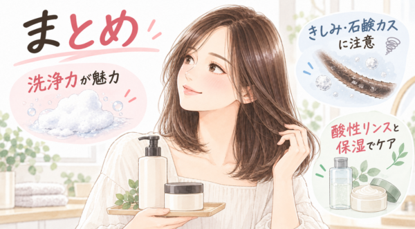 石鹸系界面活性剤のまとめを解説した図解。高い洗浄力が魅力である一方、髪のきしみや石鹸カスに注意が必要であること、酸性リンスと保湿による適切なケアが重要であることを提示。ボトルとジャーを手にする女性のイラストとともに要点を分かりやすく説明しています。