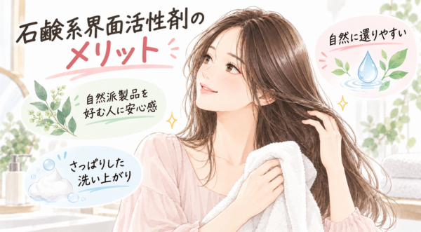 「石鹸系界面活性剤のメリット」を解説した図解。自然派製品を好む人に安心感、さっぱりとした洗い上がり、自然に還りやすい（生分解性が高い）という3つのメリットを提示。タオルで髪を拭きながら清々しい表情を浮かべる女性のイラストとともに魅力を分かりやすく説明しています。