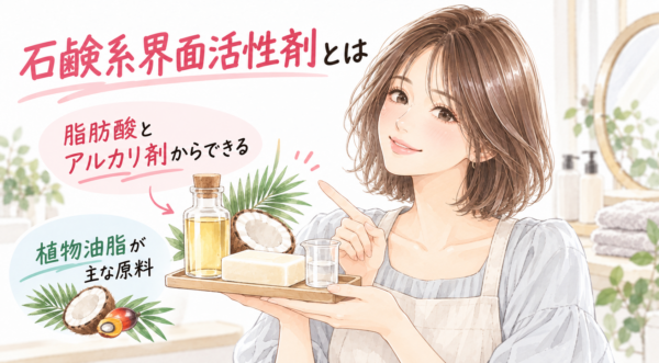 「石鹸系界面活性剤とは」を解説した図解。植物油脂（ヤシ油やパーム油など）を主な原料とし、脂肪酸とアルカリ剤から作られていることを説明。ココナッツやオイル、石けんのトレイを手にして微笑むエプロン姿の女性イラストとともに成分の仕組みを分かりやすく説明しています。