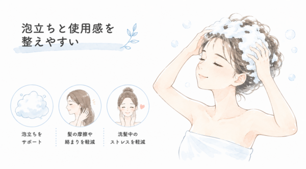 「泡立ちと使用感を整えやすい」シャンプー成分の特徴を解説した図解画像です。たっぷりの泡で気持ちよさそうに洗髪する女性のイラストを描いています。下部には3つの丸いアイコンが並び、豊かな泡立ちをサポートする効果、洗髪時の髪の摩擦や絡まりを軽減する効果、洗髪中のストレスを軽減する効果があることを説明しています。