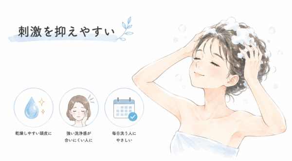 「刺激を抑えやすい」シャンプーの特徴を解説した図解画像です。目を閉じて気持ちよさそうにシャンプーをしている女性のイラストが描かれています。その下に3つのアイコンが並び、「乾燥しやすい頭皮に」「強い洗浄感が合いにくい人に」「毎日洗う人にやさしい」という、低刺激なシャンプーをおすすめしたい人の特徴を説明しています。