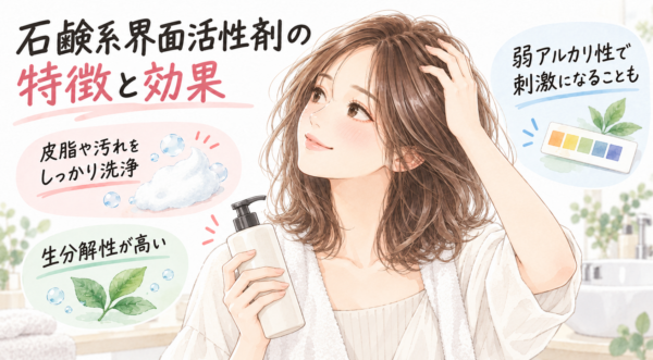 「石鹸系界面活性剤の特徴と効果」を解説した図解。皮脂や汚れをしっかり洗浄、生分解性が高いというメリットと、弱アルカリ性で刺激になることもあるという注意点を提示。シャンプーボトルを持ち髪に手をあてる女性のイラストとともに特徴を分かりやすく説明しています。