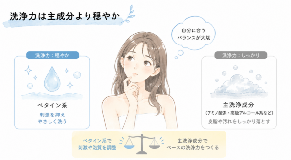 「洗浄力は主成分より穏やか」と解説したシャンプー成分の図解画像です。自分に合うバランスを考える女性のイラストを中心に、刺激を抑えてやさしく洗う「穏やかな洗浄力のベタイン系」と、皮脂や汚れを落とす「しっかり洗浄力の主成分」を図示。主成分で作るベースの洗浄力をベタイン系で調整する関係性を天秤で説明しています。