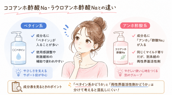 「ココアンホ酢酸Na・ラウロアンホ酢酸Naとの違い」をまとめた図解画像です。成分について考える女性のイラストを中央に配置。左側で「ベタイン系」が刺激緩和などのサポート役であること、右側で「アンホ酢酸系」がマイルドな別系統の両性界面活性剤であることを比較しています。成分表を見る際は、この2つを分けて考えると混乱しにくいと解説しています。