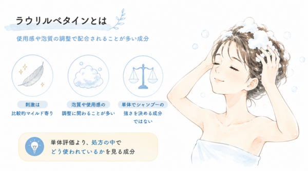 「ラウリルベタインとは」を解説した図解画像です。たっぷりの泡で気持ちよさそうに髪を洗う女性のイラストとともに、成分の3つの特徴を図示。「刺激は比較的マイルド」「泡質や使用感の調整に関わる」「単体でシャンプーの強さを決める成分ではない」というポイントを挙げ、処方の中でどう使われているかを見るべき成分だと説明しています。