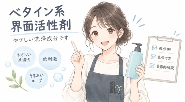 「ベタイン系界面活性剤はやさしい洗浄成分です」と解説する図解画像。エプロン姿でボトルを持つ笑顔の女性美容師のイラストを中心に、シャボン玉のアイコンで「やさしい洗浄力」「低刺激」「うるおいキープ」という3つの特徴を表現しています。横には成分例や見分け方を解説するチェックリストが添えられています。