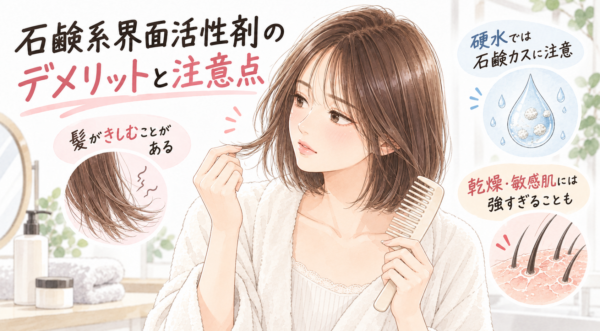 「石鹸系界面活性剤のデメリットと注意点」を解説した図解。髪がきしむことがある、硬水では石鹸カスに注意、乾燥・敏感肌には強すぎることも、という3つの注意点を提示。毛先の手ざわりや髪ぐしを気にしながらクシを持つ女性のイラストと、きしむ髪・石鹸カス・肌荒れの拡大図で分かりやすく説明しています。
