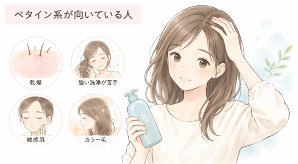 「ベタイン系が向いている人」を解説した図解画像です。シャンプーボトルを持ち笑顔で髪に触れる女性のイラストを中心に、ベタイン系成分をおすすめしたい4つのタイプを図示しています。具体的には「頭皮が乾燥しやすい」「強い洗浄が苦手」「敏感肌」「カラー毛」のアイコンを配置し、マイルドな成分が適している人を分かりやすく説明しています。