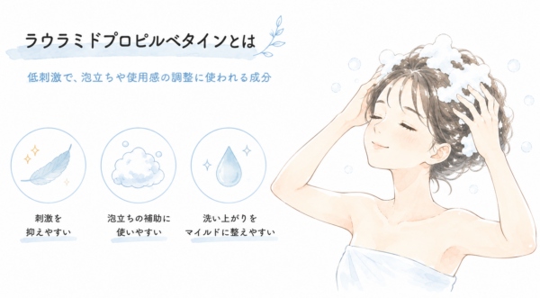 「ラウラミドプロピルベタインとは」と解説した図解画像です。たっぷりの泡で気持ちよさそうにシャンプーをする女性のイラストとともに、成分の3つの特徴を紹介。低刺激で泡立ちや使用感の調整に使われる成分であり、「刺激を抑えやすい」「泡立ちの補助に使いやすい」「洗い上がりをマイルドに整えやすい」というメリットをアイコン付きで説明しています。
