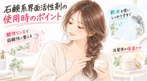 「石鹸系界面活性剤の使用時のポイント」を解説した図解。酸性リンスで弱酸性に整える、軟水を使いしっかりすすぐ、洗髪後は保湿ケアという3つのポイントを提示。ヘアケアを手にする女性のイラストとシャワー、保湿クリームの図とともに正しくケアする手順を分かりやすく説明しています。