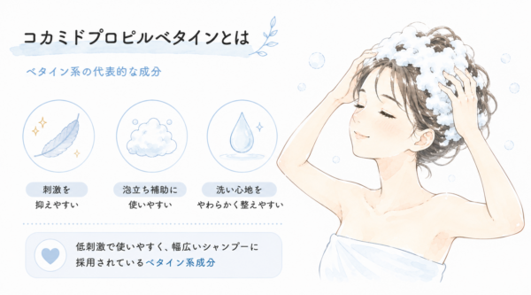「コカミドプロピルベタインとは」を解説した図解画像です。たっぷりの泡で心地よさそうにシャンプーをする女性のイラストとともに、ベタイン系の代表的な成分であることを紹介。「刺激を抑えやすい」「泡立ち補助に使いやすい」「洗い心地をやわらかく整えやすい」という3つの特徴を図示し、低刺激で幅広いシャンプーに採用されている成分だとまとめています。