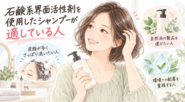 「石鹸系界面活性剤を使用したシャンプーが適している人」を解説した図解。皮脂が多くさっぱり洗いたい人、自然派の製品を選びたい人、環境への配慮を重視する人の3つのタイプを提示。シャンプーボトルを手に持ち笑顔で髪に手をあてる女性のイラストとともに適した人物像を分かりやすく説明しています。