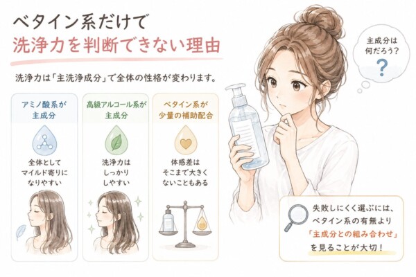 「ベタイン系だけで洗浄力を判断できない理由」を解説した図解画像です。シャンプーの主成分について考える女性のイラストとともに、アミノ酸系や高級アルコール系など「主洗浄成分」の違いによって全体の洗浄力が変わることを3つのパネルで説明。失敗しない選び方として、ベタイン系の有無よりも「主成分との組み合わせ」を見ることが大切だと結論づけています。