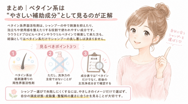 「まとめ｜ベタイン系はやさしい補助成分として見るのが正解」と解説した図解画像です。笑顔でアドバイスする女性のイラストとともに、シャンプー選びの3つのポイント（低刺激な両性界面活性剤であること、主役の洗浄成分ではないこと、前後の成分も確認すること）を紹介。イメージだけで選ばず、自分の頭皮状態や皮脂量に合うか確認することが大切だと結論づけています。