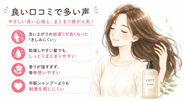 LUTYシャンプーの「良い口コミで多い声」をまとめた図解です。艶やかな髪に触れて微笑む女性のイラストと共に、きしみにくく指通りが良い点、乾燥毛でもしっとりまとまる点、毎日使いやすい穏やかな香り、市販品より刺激を感じにくいという4つのメリットが記載され、やさしい洗い心地とまとまり感を表現しています。