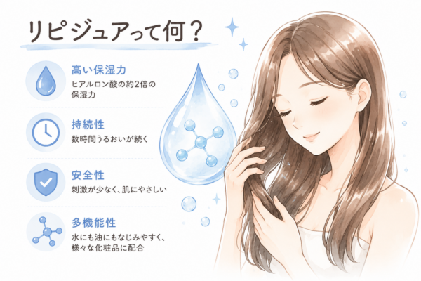 「リピジュアって何？」と題されたヘアケア成分の解説図解。左側に高い保湿力（ヒアルロン酸の約2倍）、持続性、安全性、多機能性の4つの特徴がアイコン付きで記載され、中央の水滴と分子のイラストとともに、右側でツヤのある美髪に手を添えて微笑む女性が描かれている。