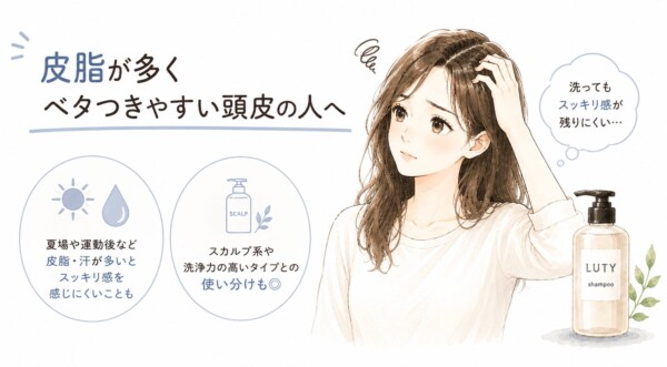 LUTYシャンプーが「皮脂が多くベタつきやすい頭皮の人へ」向けて解説する図解です。頭に手を当てて「洗ってもスッキリ感が残りにくい」と悩む女性とボトルのイラストと共に、夏場や運動後など汗や皮脂が多い時の注意点を解説。スカルプ系や洗浄力の高いシャンプーとの使い分けを提案しています。