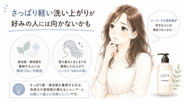 LUTYシャンプーが「さっぱり軽い洗い上がりが好みの人には向かないかも」と説明する図解です。少し悩む表情の女性とボトルのイラストと共に、しっとりなめらかにまとまる仕上がりであるため、清涼感や爽快感を重視する人には物足りない可能性を解説。さっぱり感重視の場合は他製品と比較して選ぶようアドバイスしています。