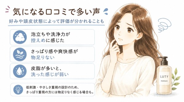 LUTYシャンプーの「気になる口コミで多い声」をまとめた図解です。少し悩む表情の女性のイラストと共に、好みや頭皮状態によって評価が分かれる点として「泡立ちや洗浄力が控えめ」「さっぱり感が物足りない」「皮脂が多いと洗った感じが弱い」という意見を紹介。低刺激設計ゆえの注意点を解説しています。