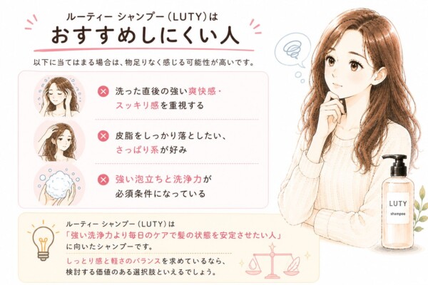 「ルーティーシャンプー(LUTY)はおすすめしにくい人」をまとめた図解です。悩む表情の女性とボトルのイラストと共に、強い爽快感やさっぱりとした洗い上がり、強い泡立ちと洗浄力を求める人には不向きであることを解説。強い洗浄力よりも毎日のケアで髪の状態を安定させたい方に適していると説明しています。