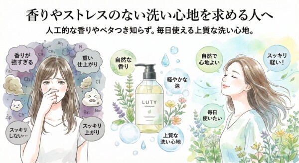 香りやストレスのない洗い心地を求める人向けのイメージ｜ルーティー シャンプー（LUTY）の自然な香りと毎日使いやすい洗い心地