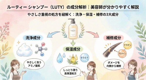 ルーティー シャンプー（LUTY）の成分解析図。洗浄成分・保湿成分・補修成分の役割を美容師目線で整理。