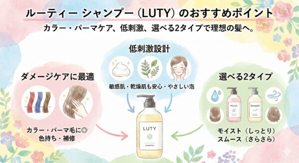 「ルーティー シャンプー（LUTY）のおすすめポイント（低刺激設計・ダメージケア・モイスト/スムースの2タイプ）」