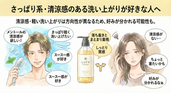 ルーティー シャンプー（LUTY）が合わない可能性がある人｜さっぱり系・清涼感のある洗い上がりを好む場合は好みが分かれる