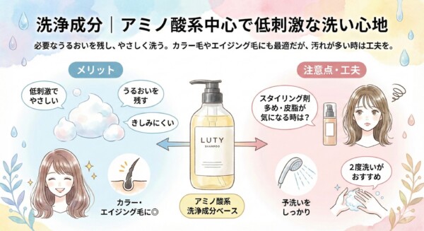 ルーティー シャンプー（LUTY）の洗浄成分を図解。アミノ酸系中心の低刺激な洗い心地と、予洗い・2度洗いなどの注意点をまとめ。