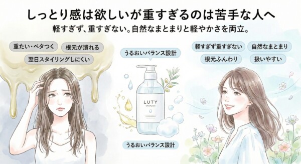しっとり感は欲しいが重すぎるのは苦手な人向けのイメージ｜ルーティー シャンプー（LUTY）のうるおいバランス設計で自然なまとまり