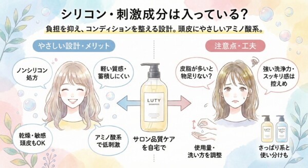 ルーティー シャンプー（LUTY）の「シリコン・刺激成分は入ってる？」を図解。ノンシリコン・アミノ酸系の低刺激設計のメリットと、皮脂が多い場合の物足りなさ対策をまとめたイメージ。