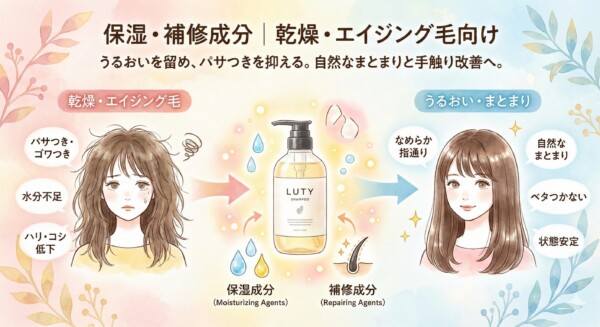 ルーティー シャンプー（LUTY）の保湿・補修成分を図解。乾燥・エイジング毛のパサつきやハリ低下を、うるおい・まとまり・指通り改善へ導くイメージ。