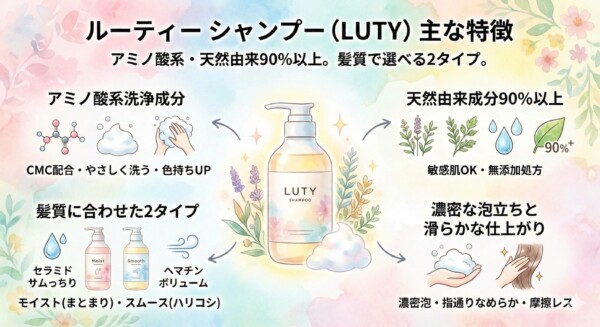 「ルーティーシャンプー（LUTY）の主な特徴をまとめた図。アミノ酸系洗浄成分、天然由来成分90%以上、髪質に合わせたモイスト／スムースの2タイプ、濃密泡と指通りの良さを示す。」