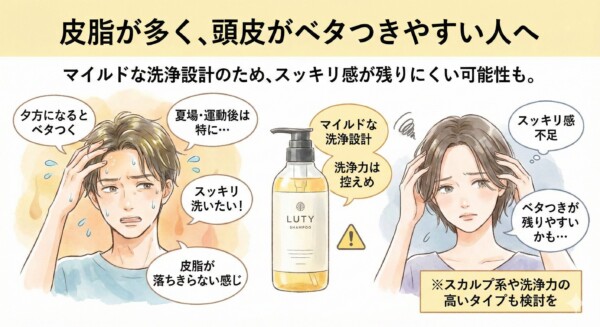 ルーティー シャンプー（LUTY）が合わない可能性がある人｜皮脂が多く頭皮がベタつきやすい場合はスッキリ感が不足することも