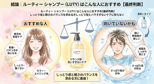 ルーティーシャンプー（LUTY）の最終判断。おすすめな人（乾燥・パサつき、カラー/エイジング毛、しっとり重くない仕上がり）と、向いていないかも（強い爽快感やさっぱり系が好き、皮脂をしっかり落としたい）を比較した図。