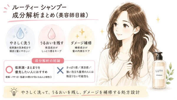 「ルーティー シャンプー 成分解析まとめ(美容師目線)」という見出しと共に、艶やかな髪の女性とボトルが描かれた図解です。低刺激でやさしく洗う、うるおいを残す、ダメージ補修という3つの特徴を解説。低刺激やまとまりを優先したい乾燥毛の人におすすめな一方、さっぱり感や強い泡立ち重視の人には不向きという結論をまとめています。