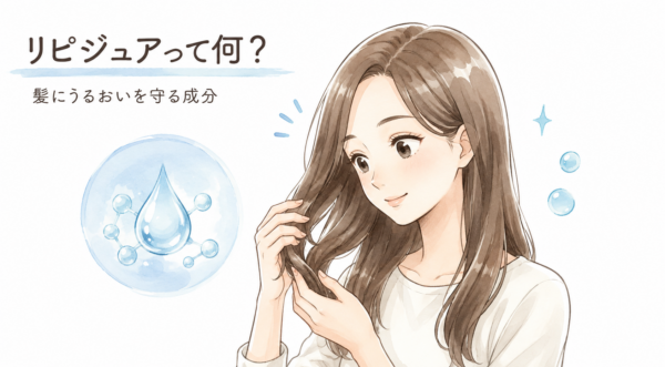 「リピジュアって何？ 髪にうるおいを守る成分」の文字とともに、水滴と分子構造のイラスト、そしてツヤのある美しい髪を手で触れて嬉しそうに微笑む女性が描かれたヘアケア成分の解説図解。