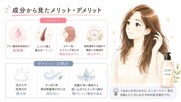 LUTYシャンプーの「成分から見たメリット・デメリット」をまとめた図解です。艶やかな髪の女性のイラストと共に、アミノ酸系による低刺激やカラー毛との相性の良さといったメリットと、洗浄力の控えめさやさっぱり感の不足といったデメリットを比較。うるおいを守りまとまりやすい髪を目指す処方であることを解説しています。